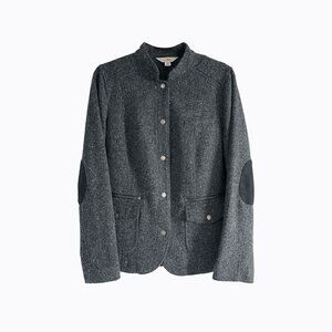 LL Bean Herringbone Tweed Wool Silk Blend Jacket M Charcoal Gray Elbow Patch Y2K